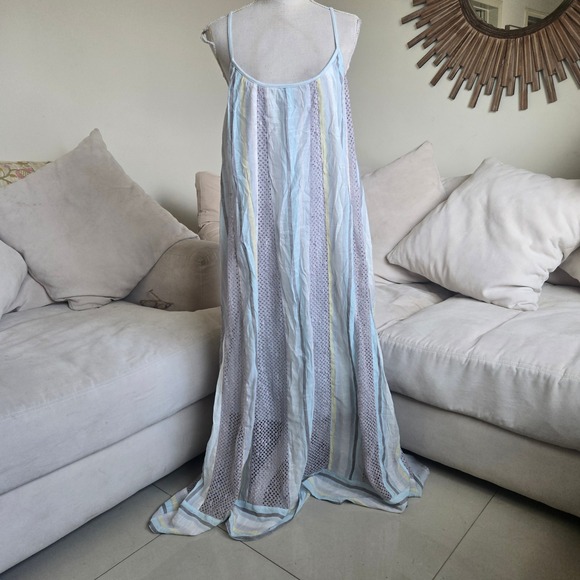 Soft Surroundings XL Sleeveless Maxi Dress Striped Crochet Light Blue Yellow - Picture 1 of 11
